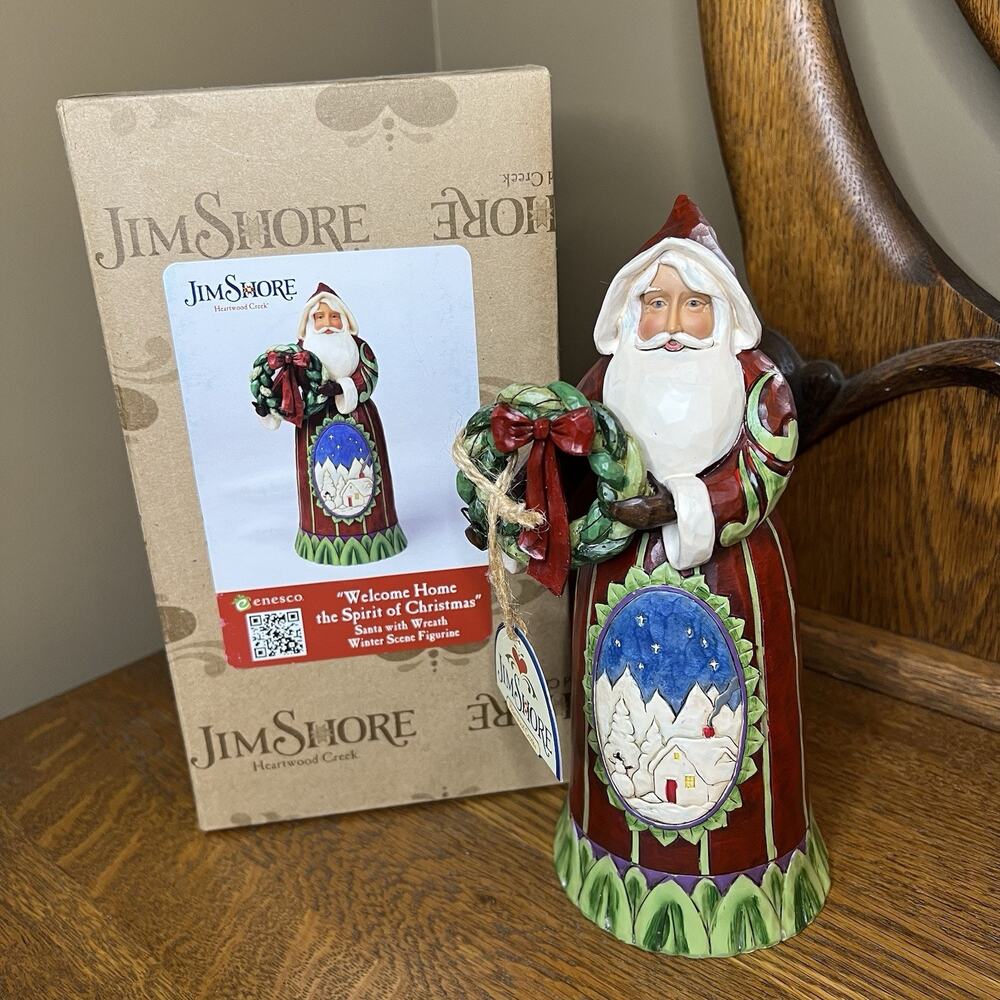 Jim Shore Heartwood Creek 2015 #4049789FD Santa Wreath Winter Scene Satna Figure
